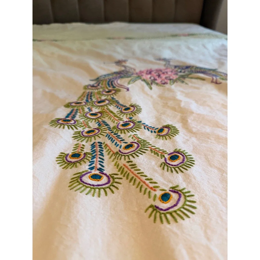 Vintage Hand Embroidered Peacock Bedspread Floral Coverlet Cream Bohemian 84x72